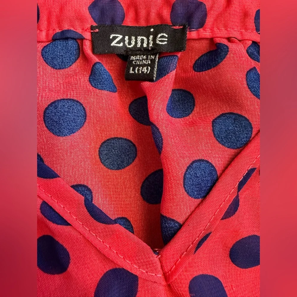 Zunie Junior's Gossamer Blouse LG 14, Pouf 3/4 Sleeve, Fuchsia w/Navy Polka Dots